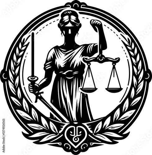 sketch vector illustration silhouette design icon logo symbol monochrome black white identity emblem goddess of justice with scales and sword 