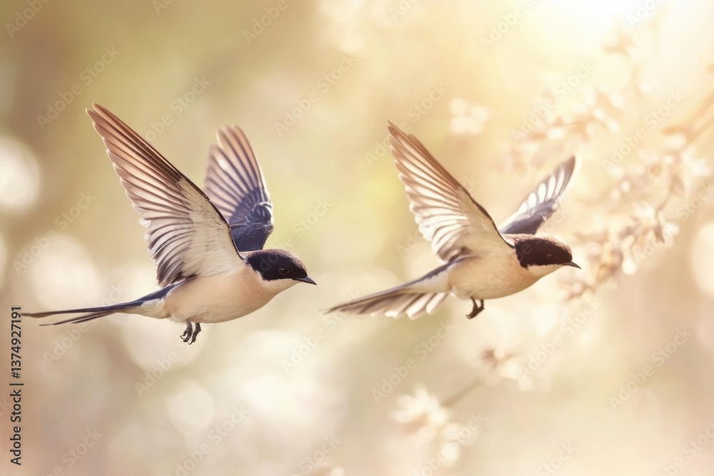 Obraz premium Two birds flying together in spring sunlight with blurred background