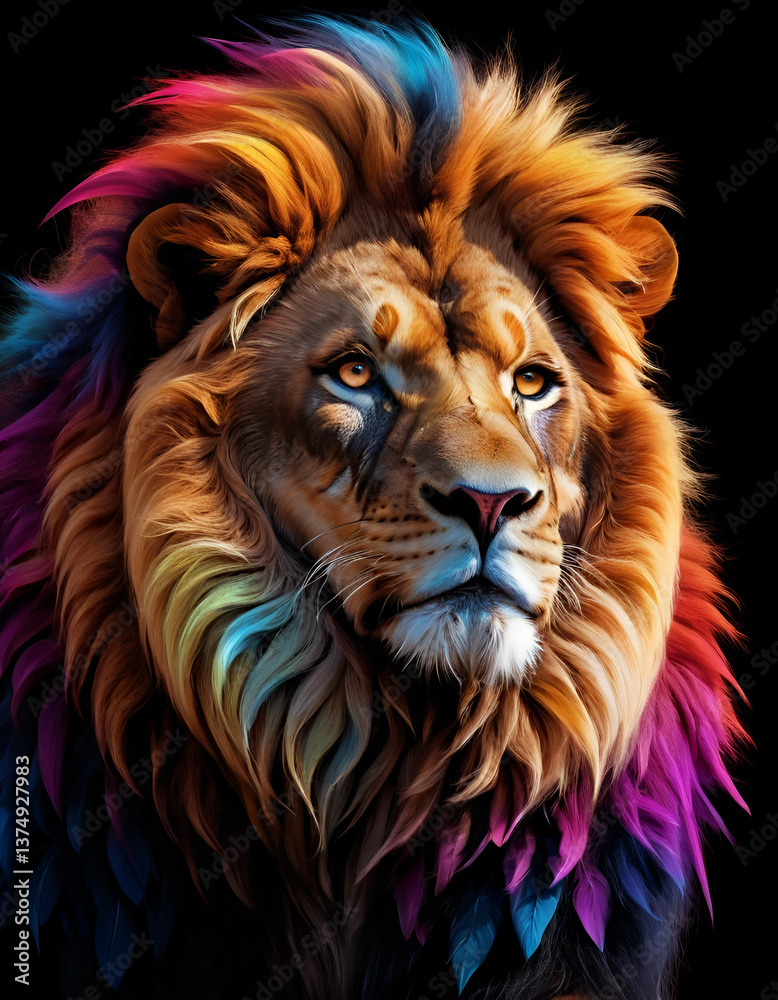 Vibrant Multicolored Walking Lion Art | Majestic Digital Lion with Colorful Feathered Mane in 8K, No1023, Generative AI Vibrant Multicolored Walking Lion Art | Majestic Digital Lion with Colorful Feathered Mane in 8K, No1023, Generative AI