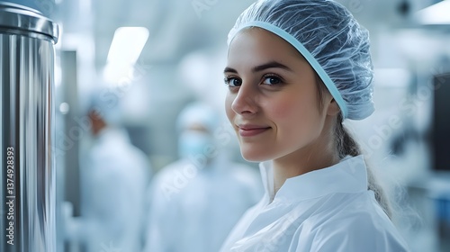 A smiling female scientist in a sterile lab coat and hairnet confidently looks at the camera in a modern cleanroom setting.