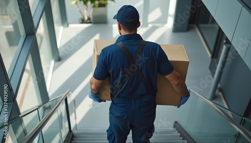 Wallpaper Mural professional mover wearing matching work uniform and protective glove, carefully carrying cardboard boxe up a well-lit residential stairwell Torontodigital.ca