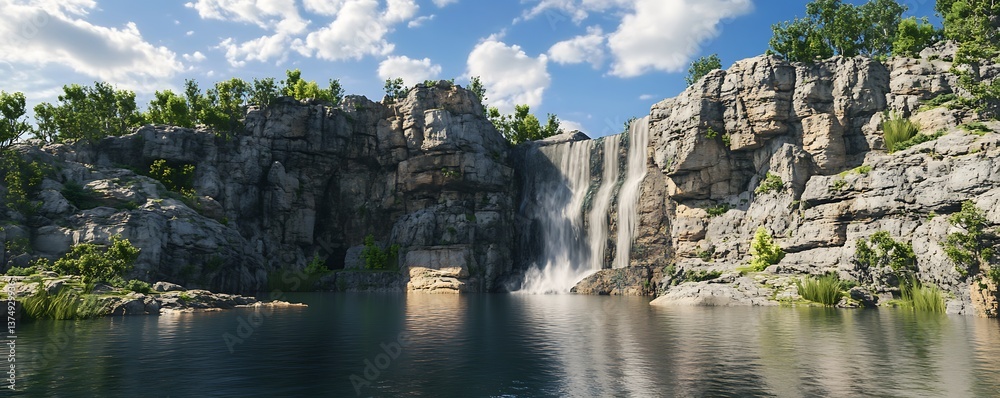 Fototapeta premium 3D rendering of a massive, rugged mountain slope towering over a tranquil body of water, with detailed rock textures and natural reflections