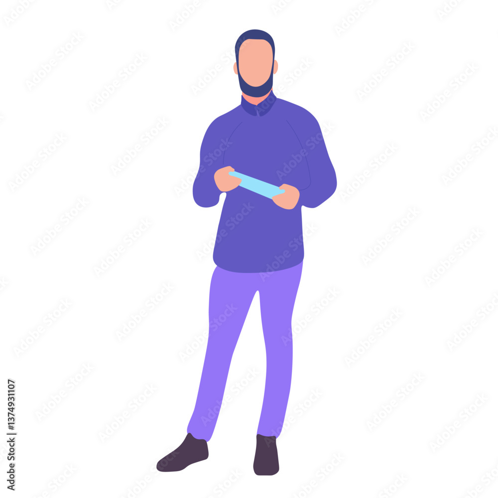 Man holding a long object, wearing a purple shirt and pants Man holding a long object, wearing a purple shirt and pants