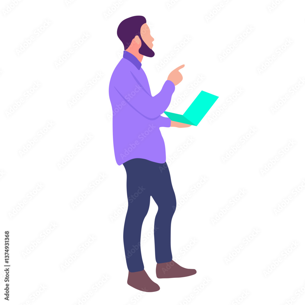 Man holding laptop, pointing Man holding laptop, pointing