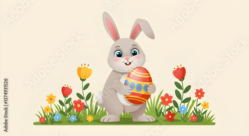 Festive Easter bunny holding a decorated egg