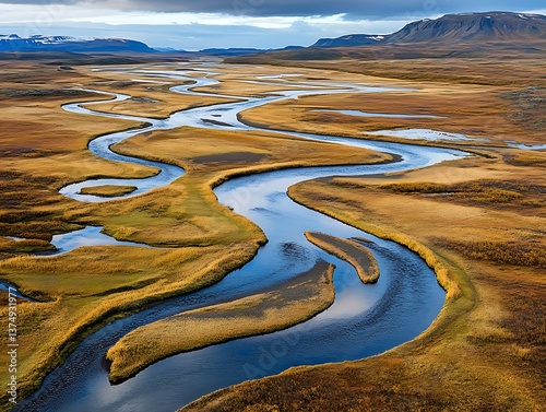 A captivating view showcasing the intricate braided river design flowing through the rugged mountains of Iceland.