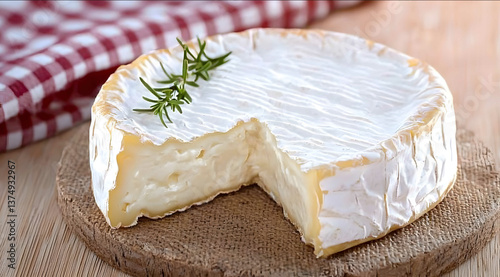 photographie dun fromage de Camembert sur un plateau en bois brut arriere plan flou