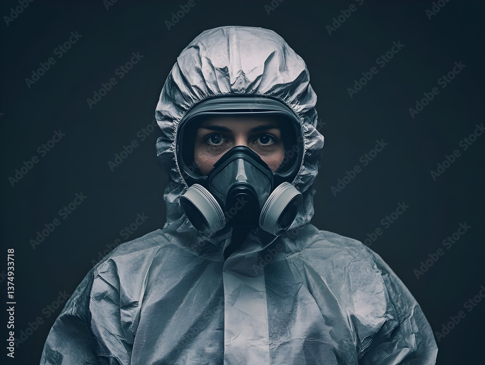 A woman in a protective hazmat suit and respirator mask stares intensely at the camera against a dark background. A woman in a protective hazmat suit and respirator mask stares intensely at the camera against a dark background.