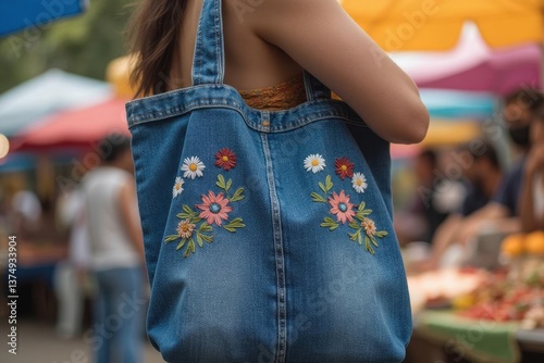 Creative denim tote bag with hand-stitched embroidery at bustling market