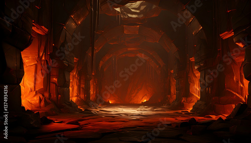 Infernal Orange Tunnels in Ancient Ruins Featuring a Pixelated Style Abandoned Stone Structures and Fiery Lava Texture with Gritty Decay