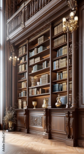 An elegant wooden library wall filled with books, adorned with decorative items and stylish lighting, creating a sophisticated reading atmosphere.