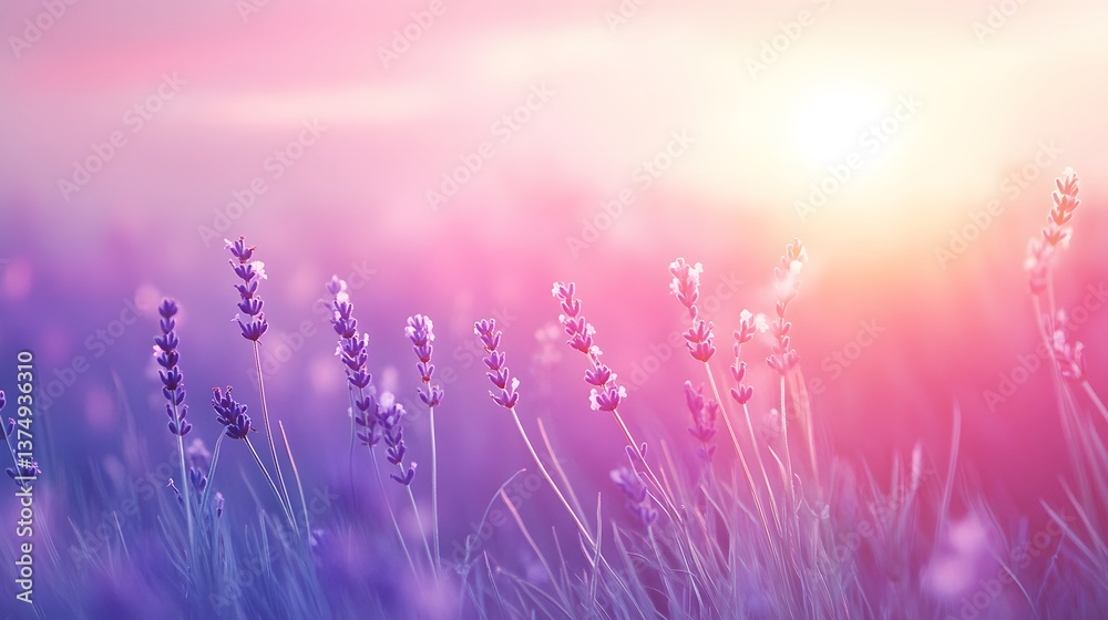 Naklejka premium A dreamy lavender field stretching to the horizon, kissed by the soft glow of the setting sun