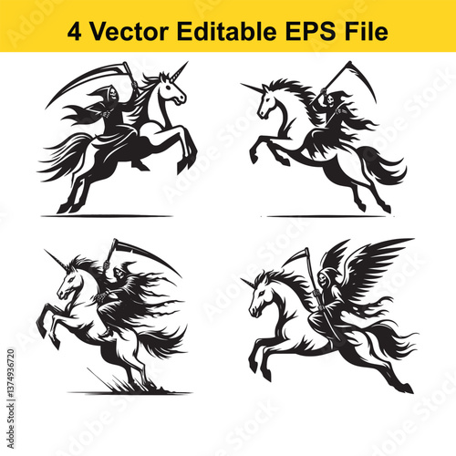 a unicorn being ridden by a grim reaper