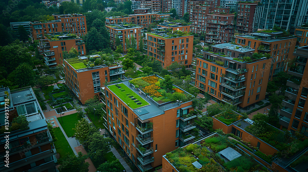 Obraz premium Aerial View of Green Rooftop Cityscape