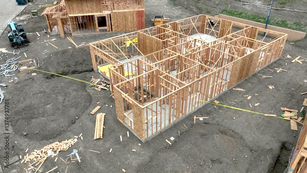 Aerial Drone Flight Over Home Construction Site.