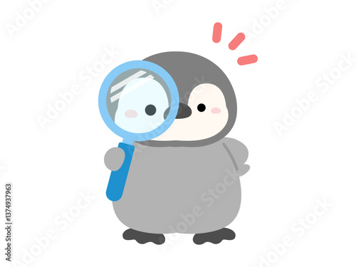 ひらめきのイメージ、虫眼鏡とペンギンのベクターイラスト