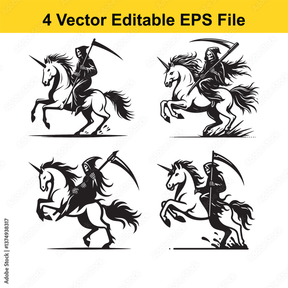 a unicorn being ridden by a grim reaper a unicorn being ridden by a grim reaper