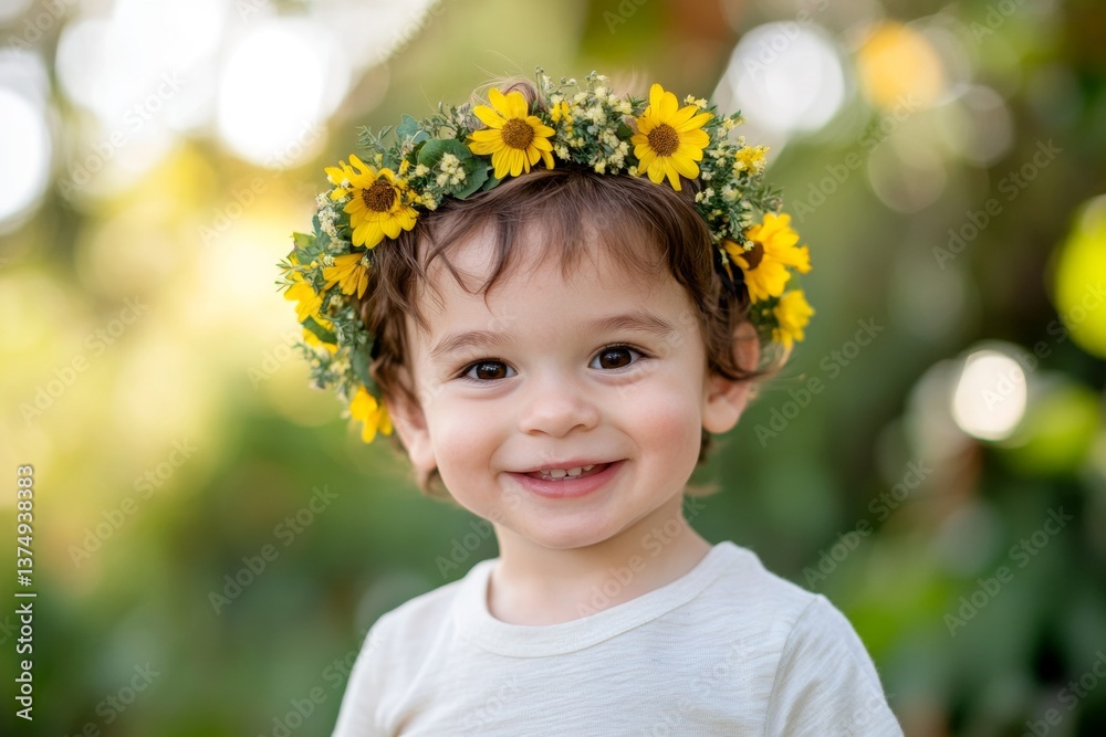 Dawn light. Happy sunny days holidays creative. Happy caucasian toddler boy with brown hair wearing yellow flower crown on his head. Happy little traveler. Cheerful holiday vibes for children. Dawn light. Happy sunny days holidays creative. Happy caucasian toddler boy with brown hair wearing yellow flower crown on his head. Happy little traveler. Cheerful holiday vibes for children.