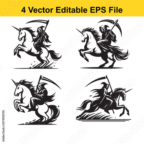 a unicorn being ridden by a grim reaper