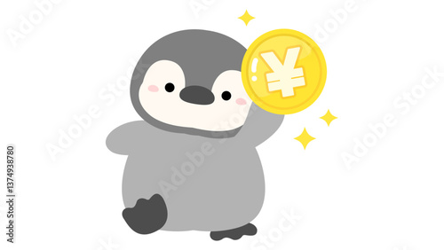 お金とペンギン、円マークのコインのベクターイラスト