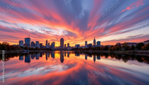 Reflections on Water A city skyline reflected on a calm river at sunset  creating a mirror effect with colorful hues in the sky.