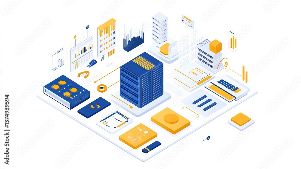 Isometric view of web hosting with server racks. Cloud computing and cloud storage concept Isometric view of web hosting with server racks. Cloud computing and cloud storage concept
