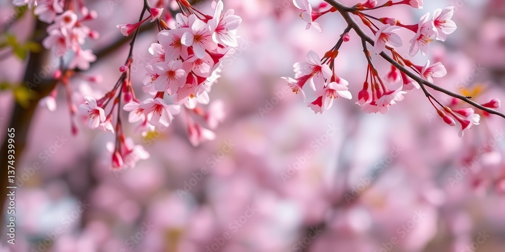 Soft pink sakura blossoms falling on a blurred spring background, season, pink Soft pink sakura blossoms falling on a blurred spring background, season, pink