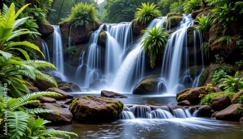 Cascading Waterfalls A dramatic series of cascading waterfalls flowing over rocks, surrounded by vibrant ferns and tropical plants.