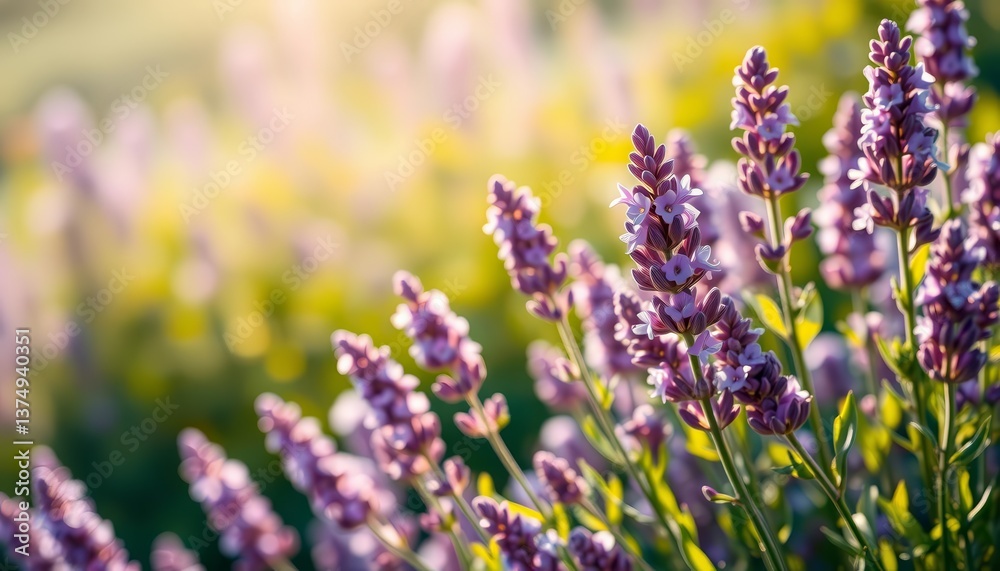 Obraz premium Soft sunlight illuminates delicate lavender blossoms, tranquil purple hues , blossom, botanical