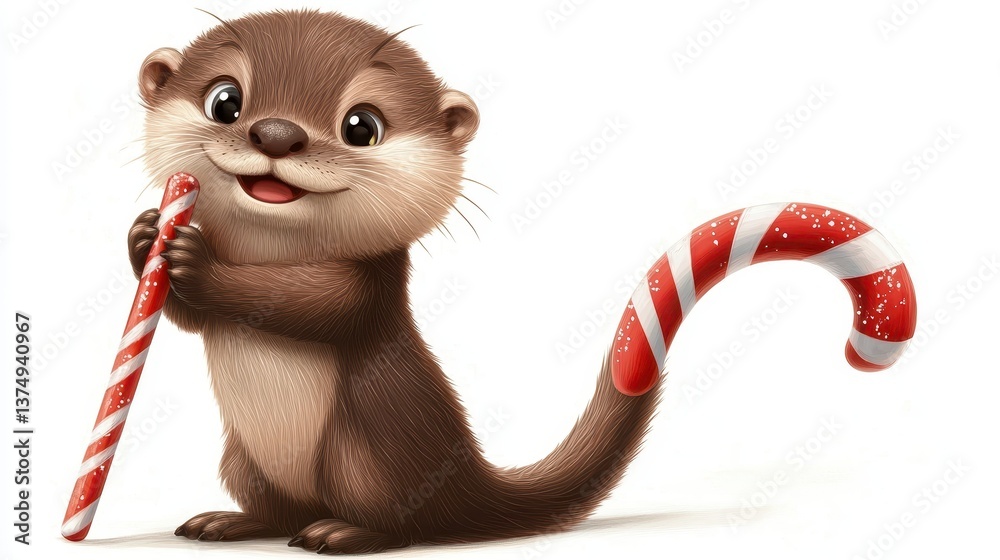 Fototapeta premium Cute Otter with Candy Cane
