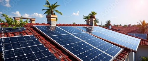 Solar panels installed on Indian residential rooftop, providing clean energy, roof, climate change