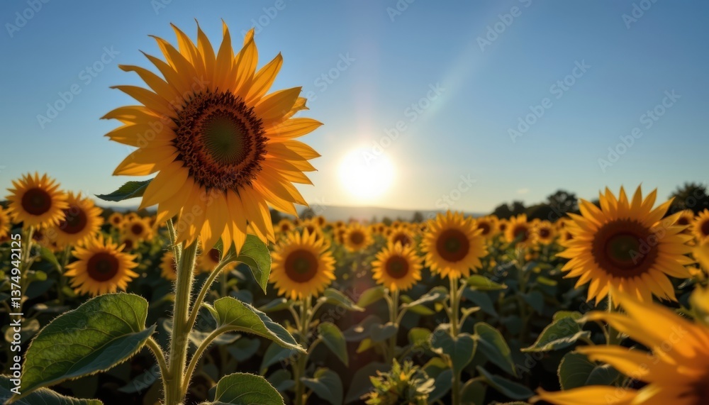 Fototapeta premium Sunflower Reflection A scenic view of a field of sunflowers reflecting the bright sun, creating a warm, inviting ambiance with a blue sky overhead.