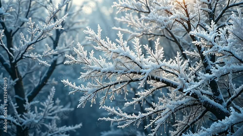Abstract frozen tree branches with frost-covered needles and icy brilliance. Banner for winter designs, nature ads, and seasonal themes Abstract frozen tree branches with frost-covered needles and icy brilliance. Banner for winter designs, nature ads, and seasonal themes