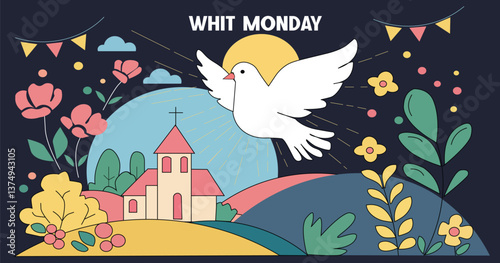 Whit Monday Celebration with Church and Holy Dove - Festive Religious Illustration
