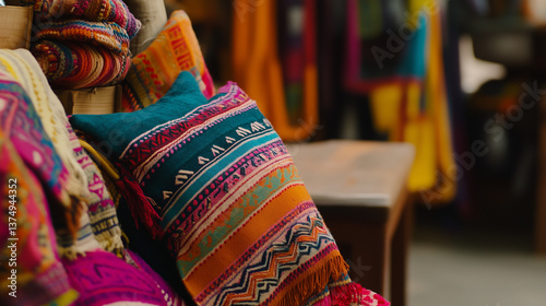 Colorful Decorative Pillow with Ethnic Textile Pattern. Vibrant pillow featuring ethnic woven patterns and bright colors in cozy setting.