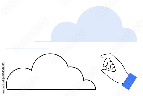 Minimalistic hand gesture manipulating cloud shape symbolizing cloud computing, data sharing, and technology access. Ideal for innovation, IT, communication, technology, storage, creativity