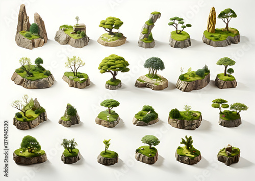 Pixelated Miniature Landscape Scenes Collection of Isometric Islands with Green Trees and Moss Covered Rocks On White Background