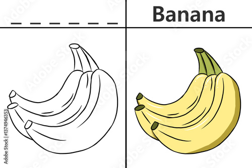 Banana coloring pages for kids and learning to recognize letters, fruit recognition cards, media for various games in early childhood learning
