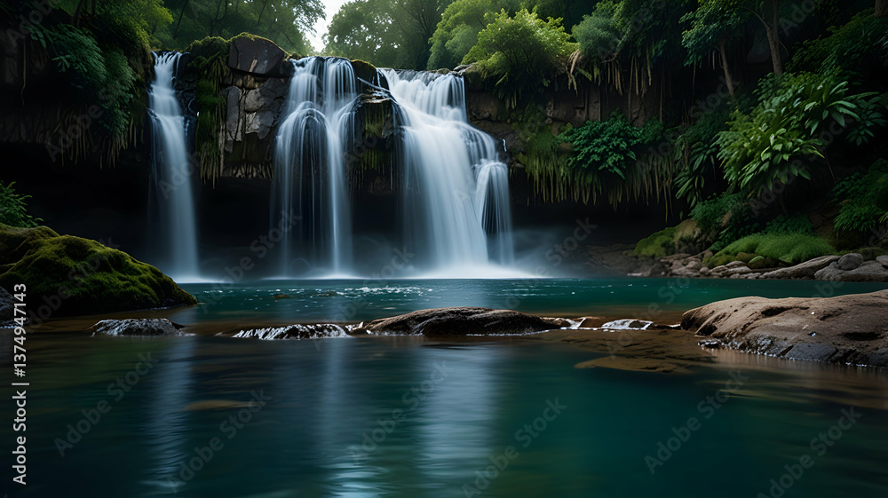 Serene Waterfall Cascading Rocks Lush Tropical Foliage Teal Pool Serene Waterfall Cascading Rocks Lush Tropical Foliage Teal Pool