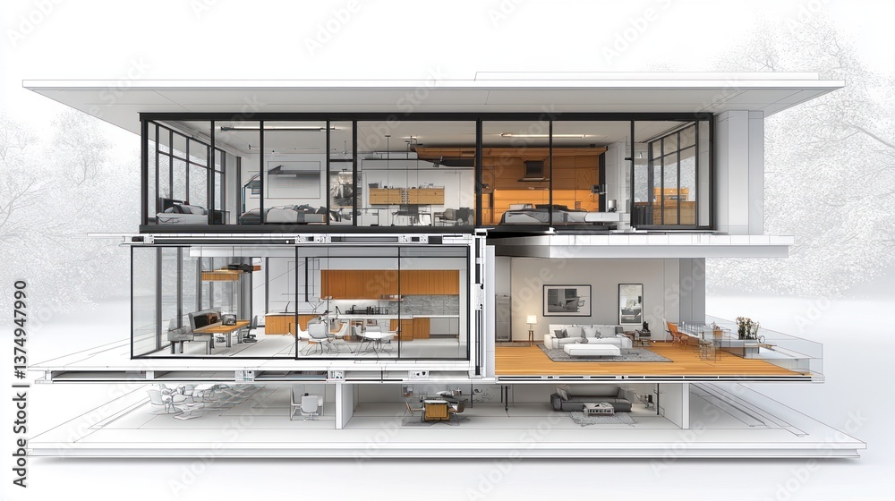 Architectural Visualization: Modern Two-Story House Interior Design with Cross-Section View Architectural Visualization: Modern Two-Story House Interior Design with Cross-Section View