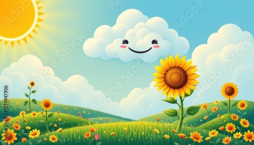 Sunflower and Cloud Companions A landscape featuring a happy sunflower under the protective shade of a smiling cloud, with bright colors and a sunny backdrop.