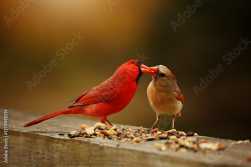 Male and female Cardinals sharing food as a courtship ritual in the spring.