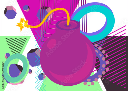 Bomb geometrical graphic retro theme background. Minimal geometric elements. Vintage abstract shapes vector illustration.
