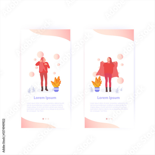 Two illustrations of people, one tossing something in the air and the other draping themselves in a garment, in a soft color scheme, with plant elements and text boxes