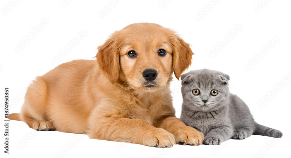 Fototapeta premium Laying Together Puppy and Kitten Posing Isolated on White Background