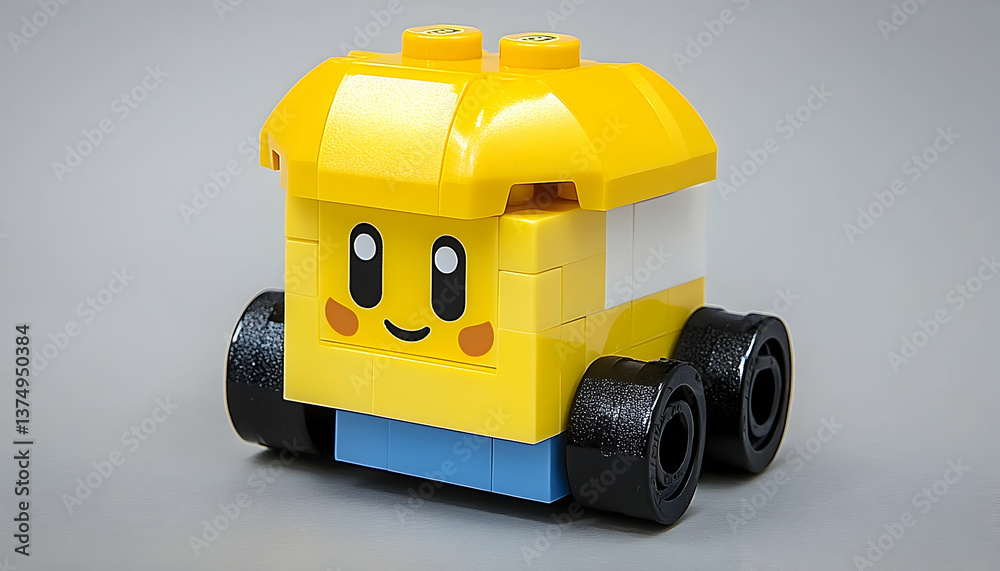 Obraz premium Yellow Toy Car Assembled from Plastic Blocks Featuring Black Wheels on a Gray Background with Smiling Face for Children's Creative Play