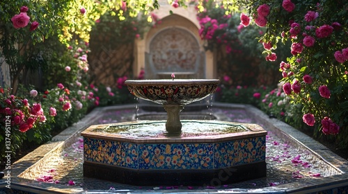 Fototapeta Naklejka Na Ścianę i Meble -  A Persian rose garden with intricate tile fountains and the scent of blooming jasmine in the air