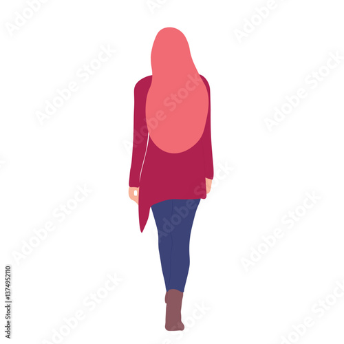 Woman in a maroon top and hijab, walking away