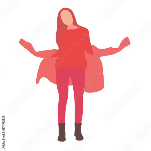 Woman in a red sweater and pants with a red jacket