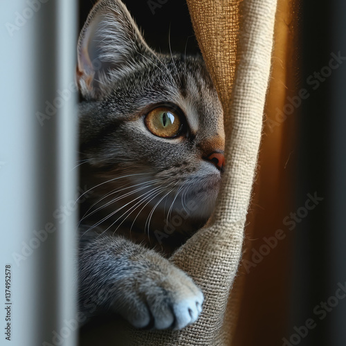 Playful cat peeking out from behind a curtain with intrigued expression and captivating curiosity